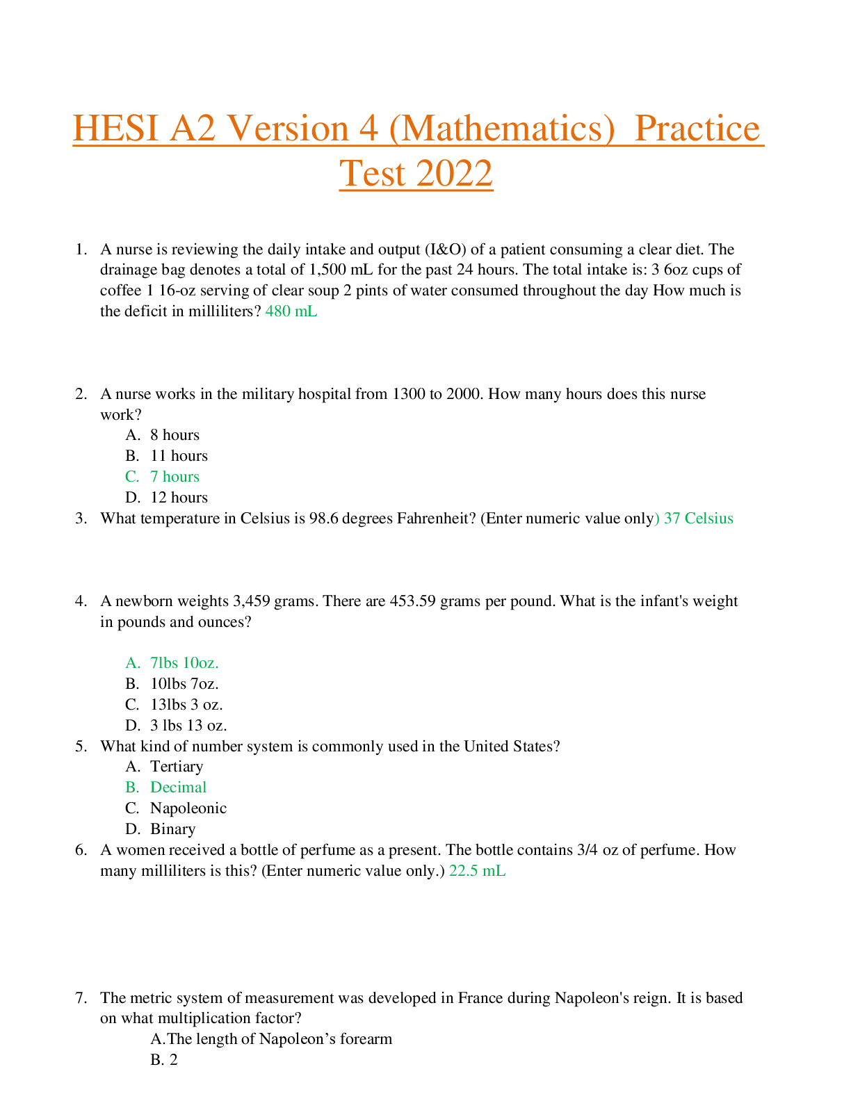 HESI A2 Version 4 (Mathematics) Practice Test 2022 Questions and